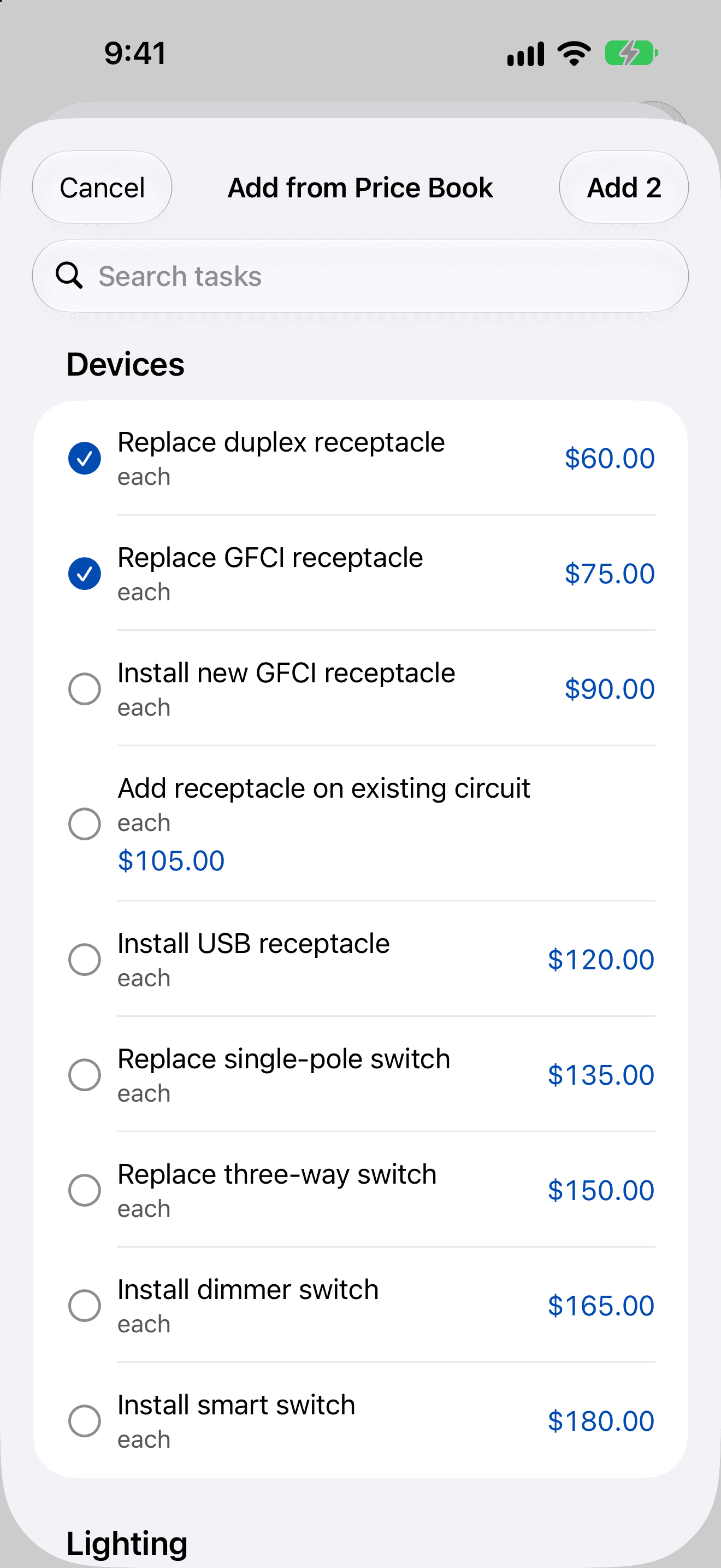 The Add from Price Book sheet with two electrical tasks ticked and their prices shown, and an Add 2 button.