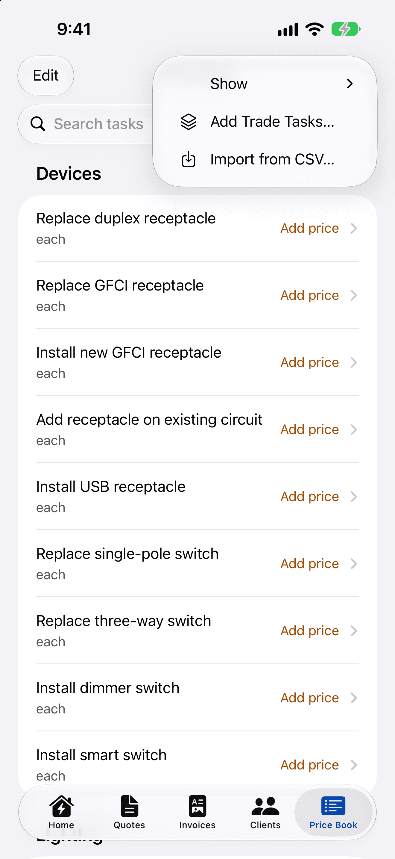 The Price Book's more menu open, showing Show, Add Trade Tasks… and Import from CSV….
