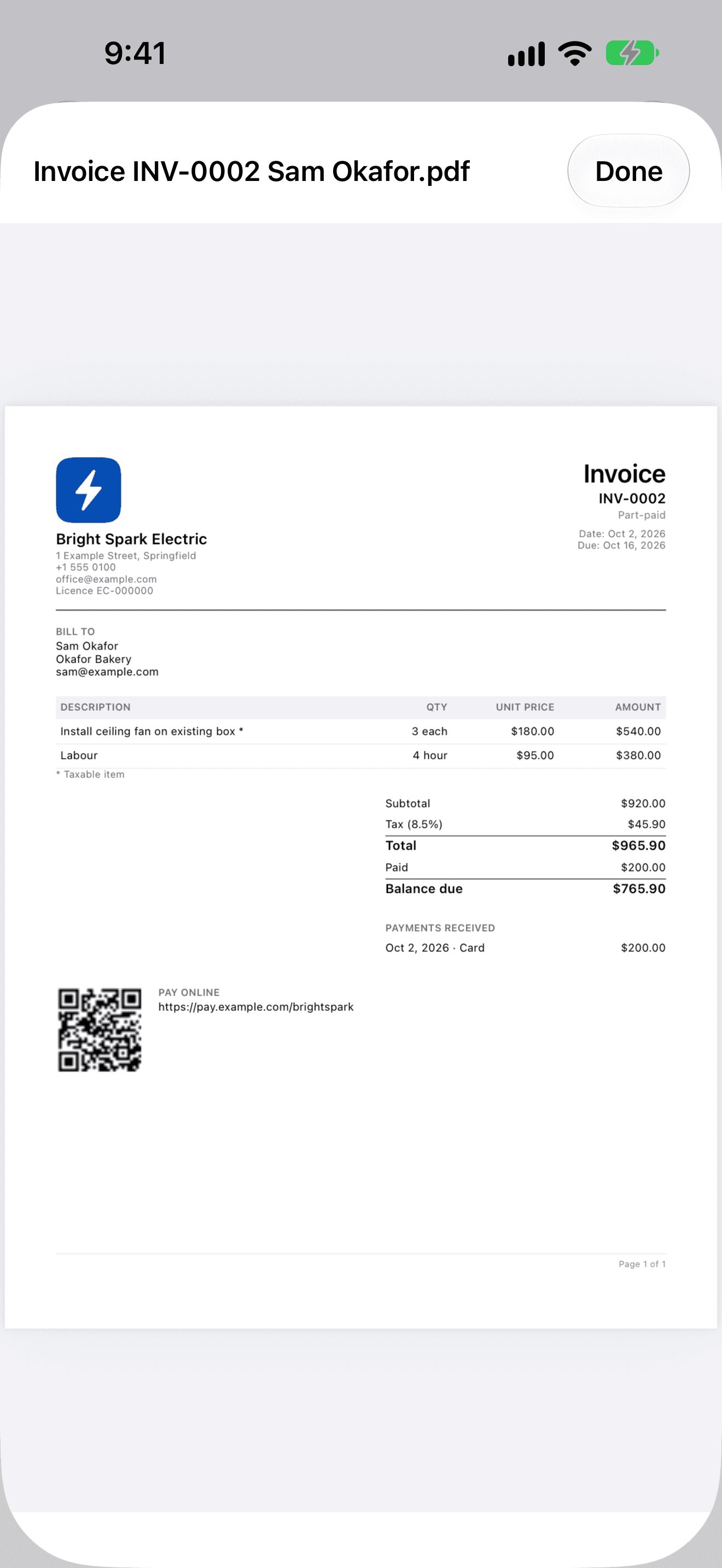 PDF preview of invoice INV-0002 from Bright Spark Electric: business logo, address and licence number, line items, 8.5% tax, a $965.90 total, a $200 card payment, the $765.90 balance due and a Pay online QR code.