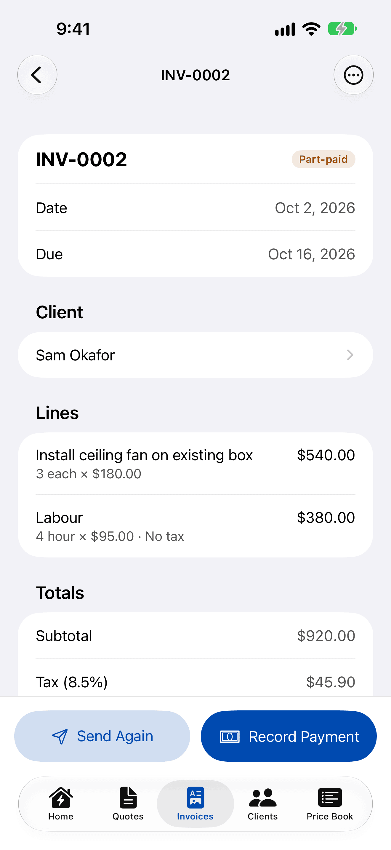 Invoice INV-0002 for Sam Okafor marked Part-paid, with its lines and totals and buttons to Send Again and Record Payment.