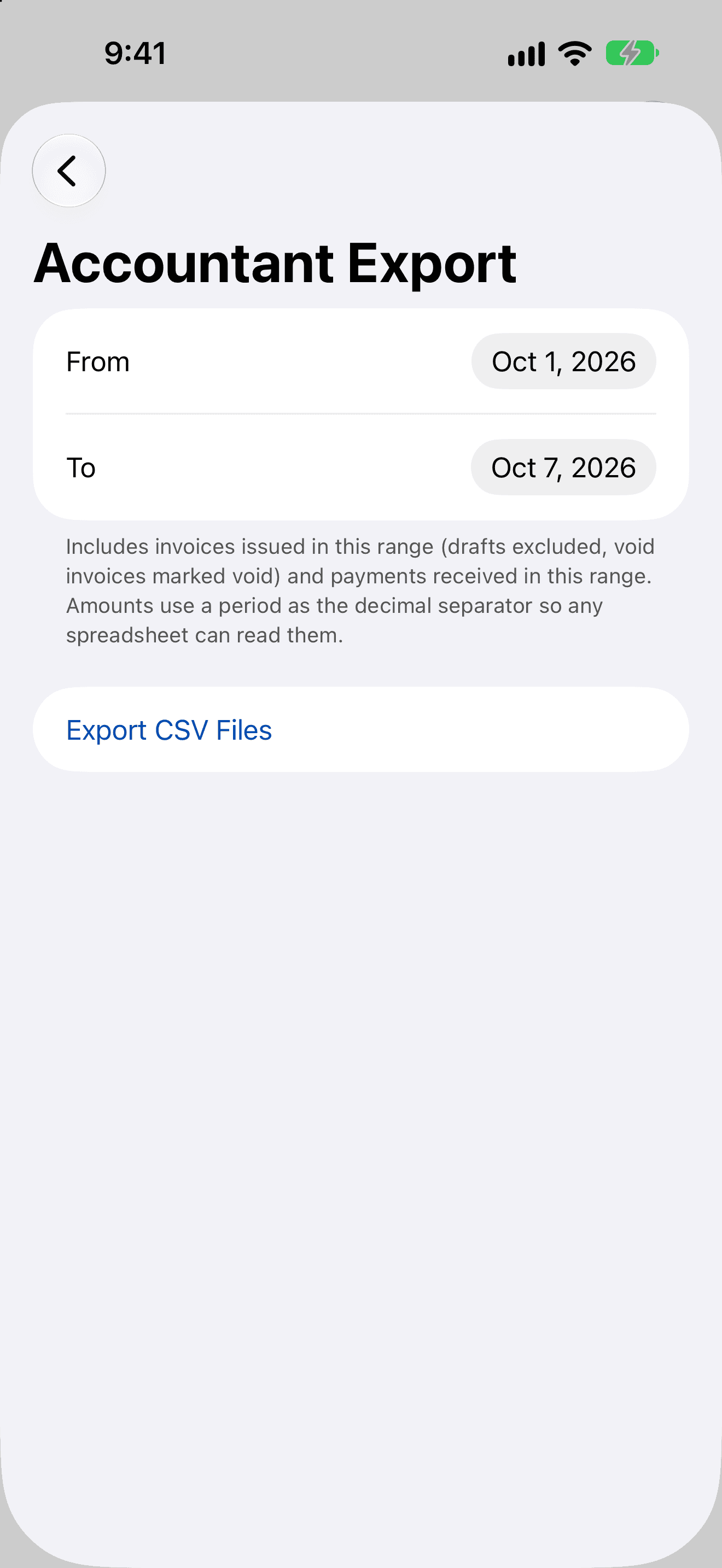 The Accountant Export screen with From and To dates, an explanation of what's included, and an Export CSV Files button.