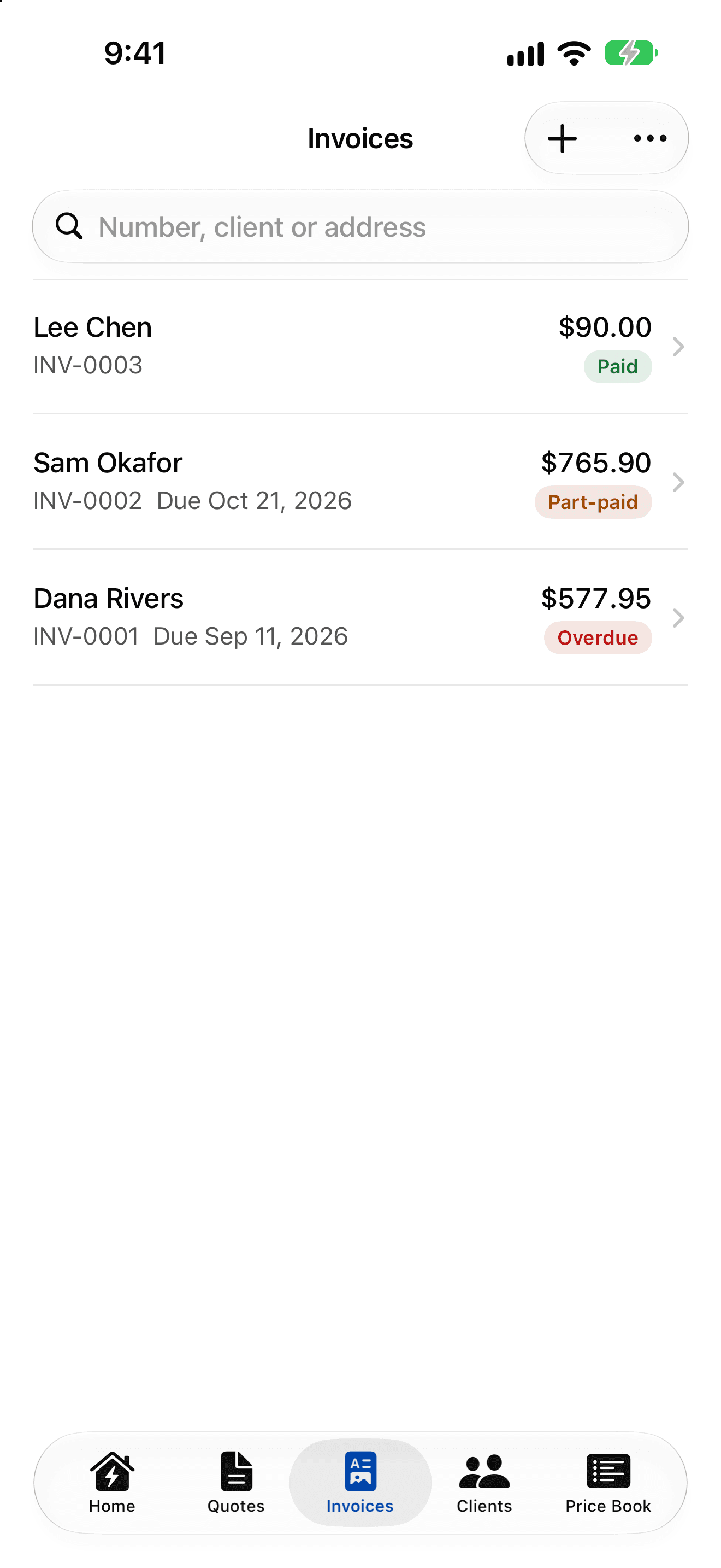 The Invoices list: Lee Chen INV-0003 Paid, Sam Okafor INV-0002 Part-paid with $765.90 left, and Dana Rivers INV-0001 Overdue.