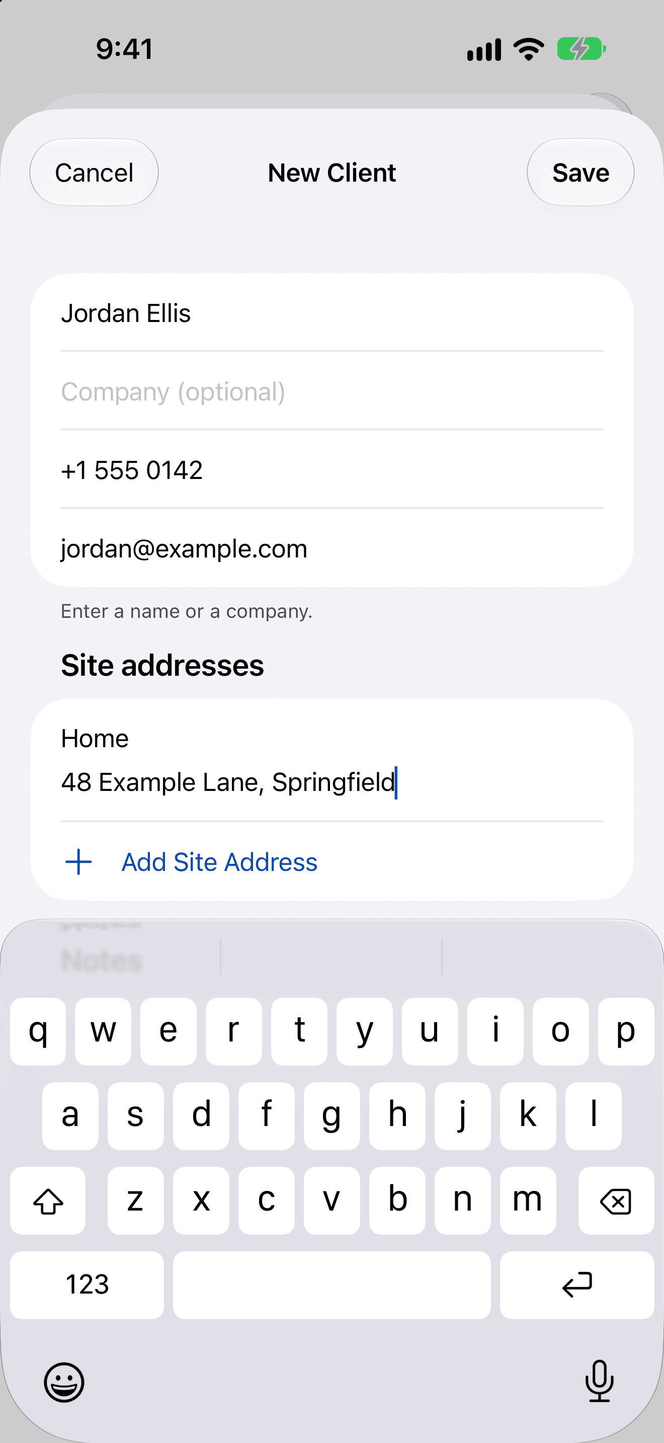 The New Client form with name Jordan Ellis, a phone number and email address, and a Home site address of 48 Example Lane, Springfield.