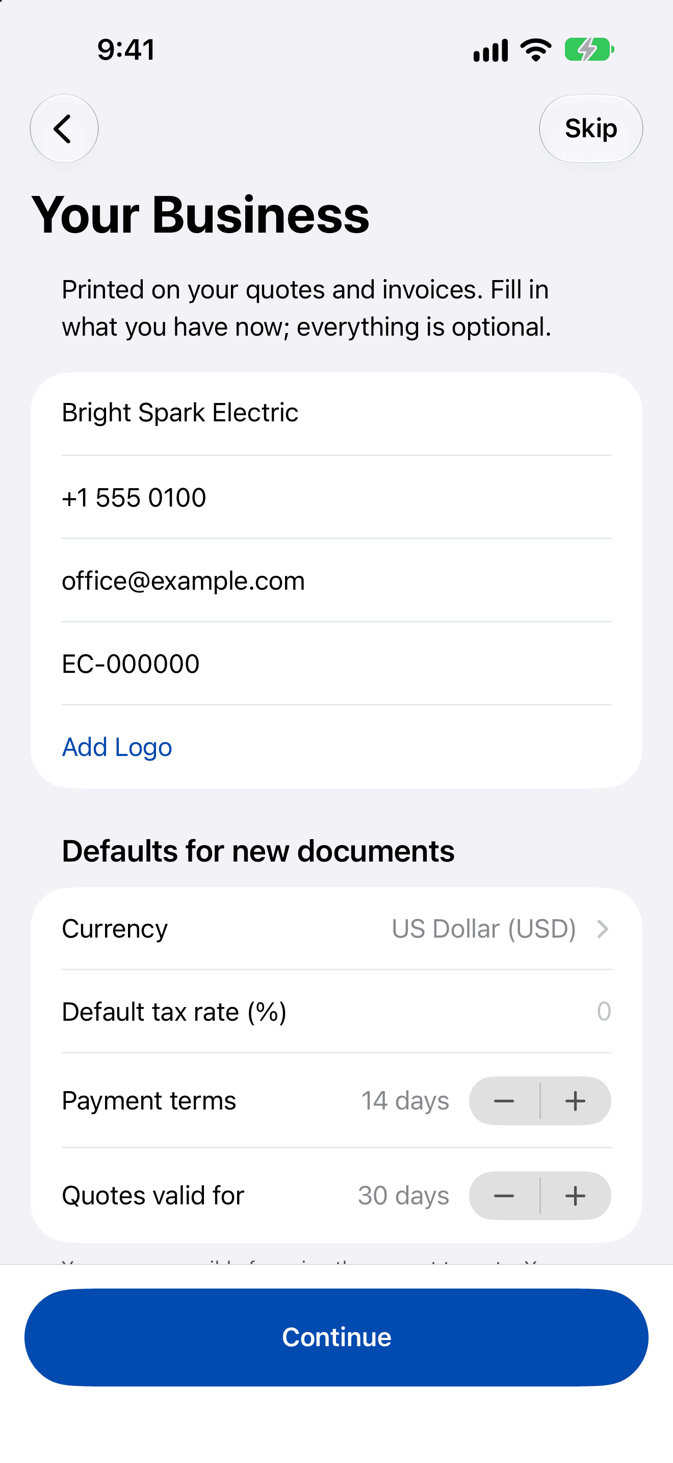 The Your Business step filled in for Bright Spark Electric: phone, email and licence number, an Add Logo link, and defaults for currency, tax rate, payment terms of 14 days and quotes valid for 30 days.