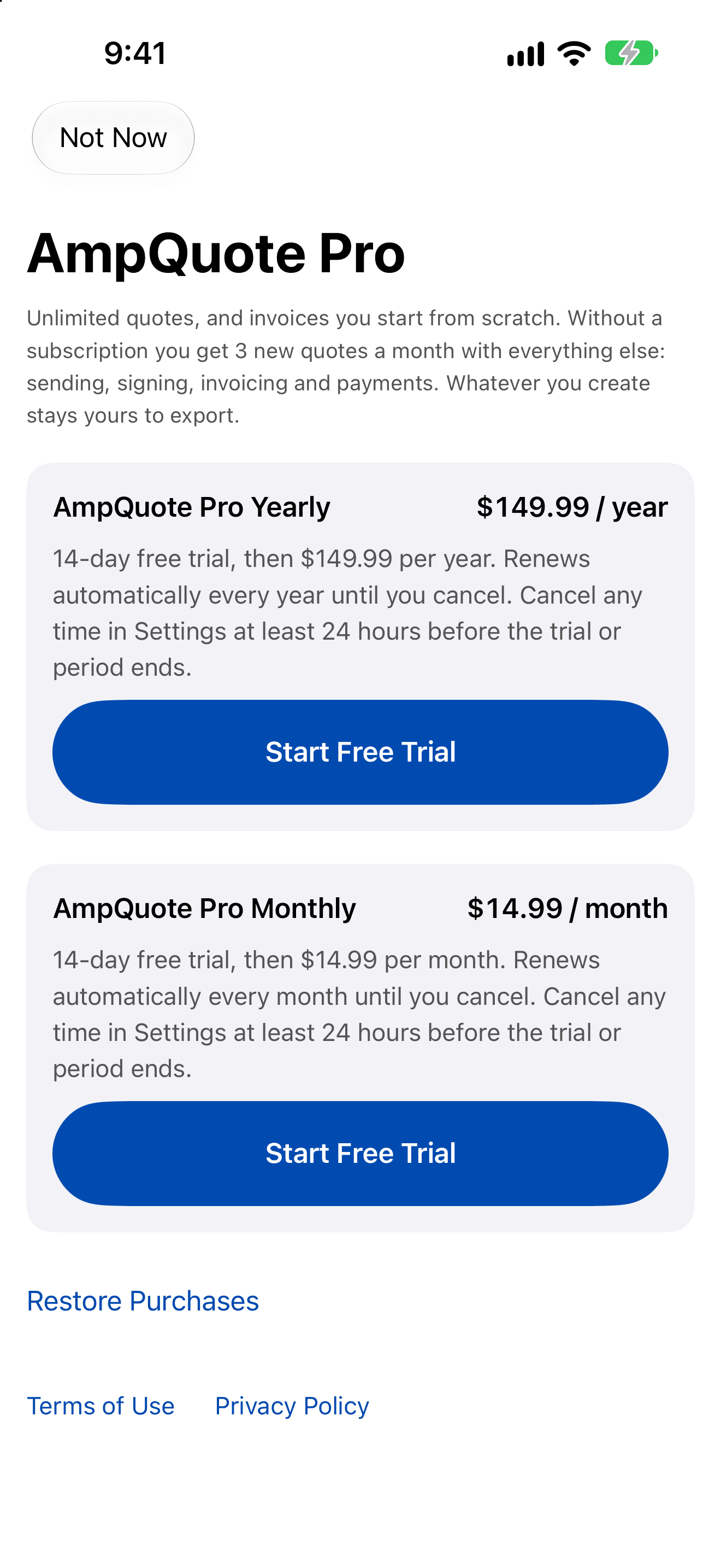 The AmpQuote Pro screen: yearly at $149.99 and monthly at $14.99, each with a 14-day free trial and a Start Free Trial button, plus Restore Purchases, Terms of Use and Privacy Policy links.