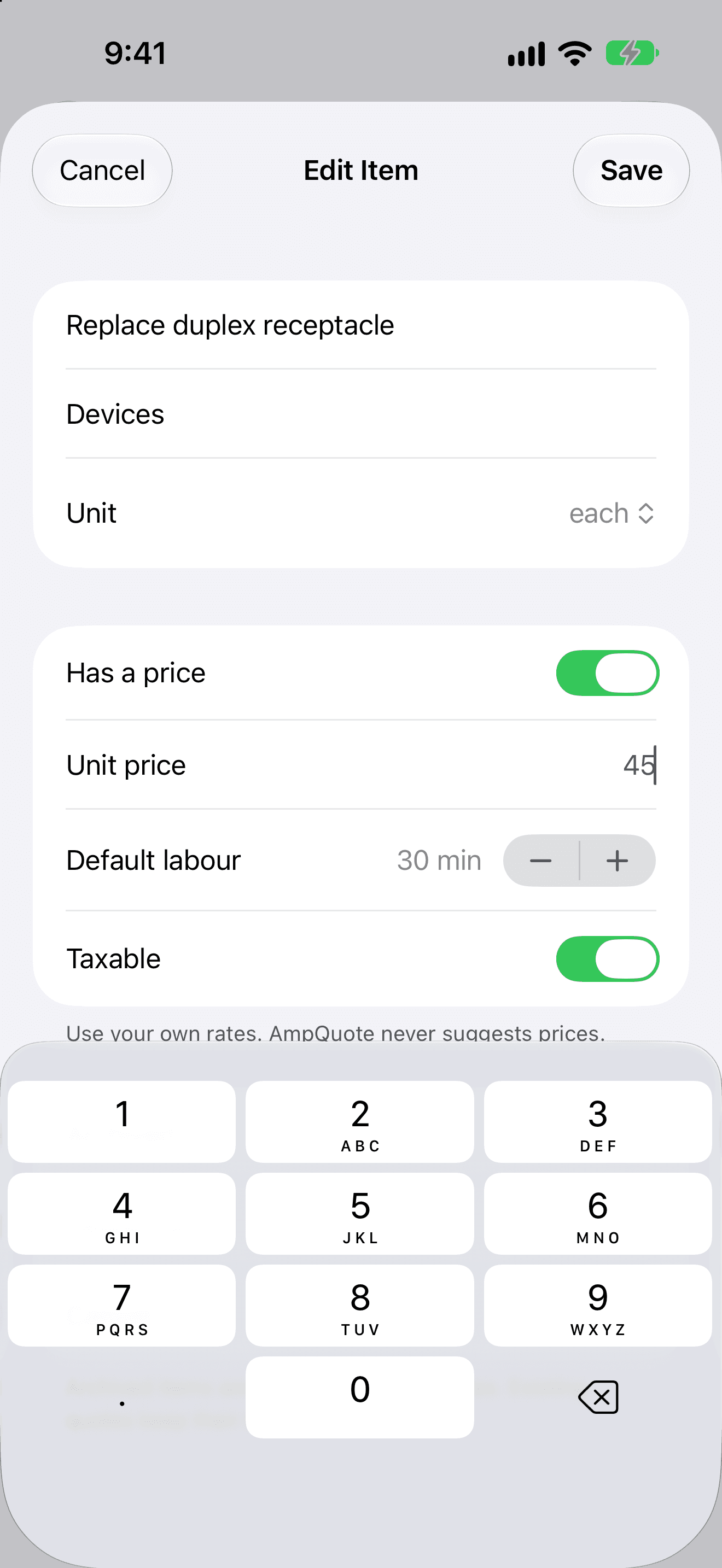 Editing the price-book item Replace duplex receptacle: category Devices, unit each, Has a price switched on with a unit price of 45, default labour 30 min and Taxable on.
