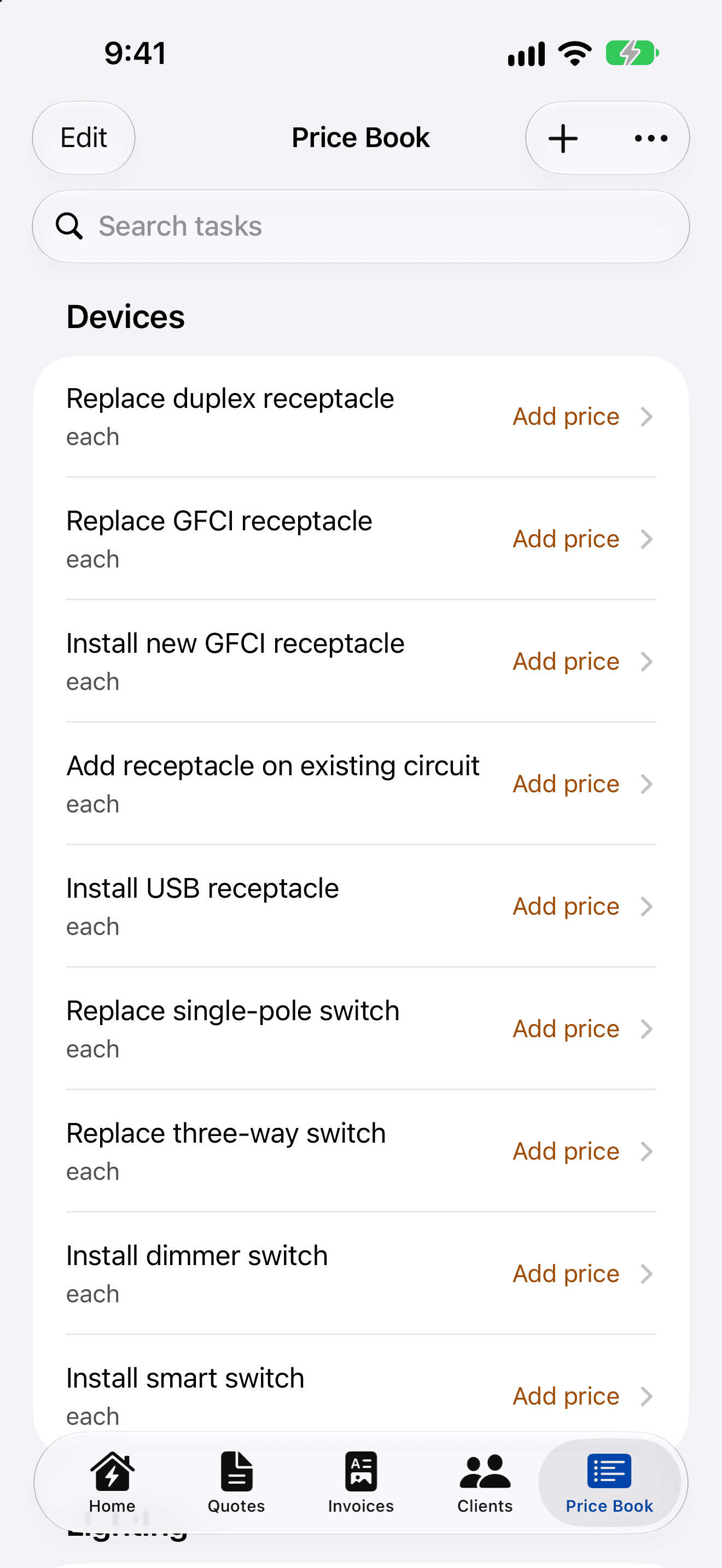 The Price Book after picking trades: electrical tasks such as Replace duplex receptacle grouped under Devices, each showing Add price because no rate is set yet.