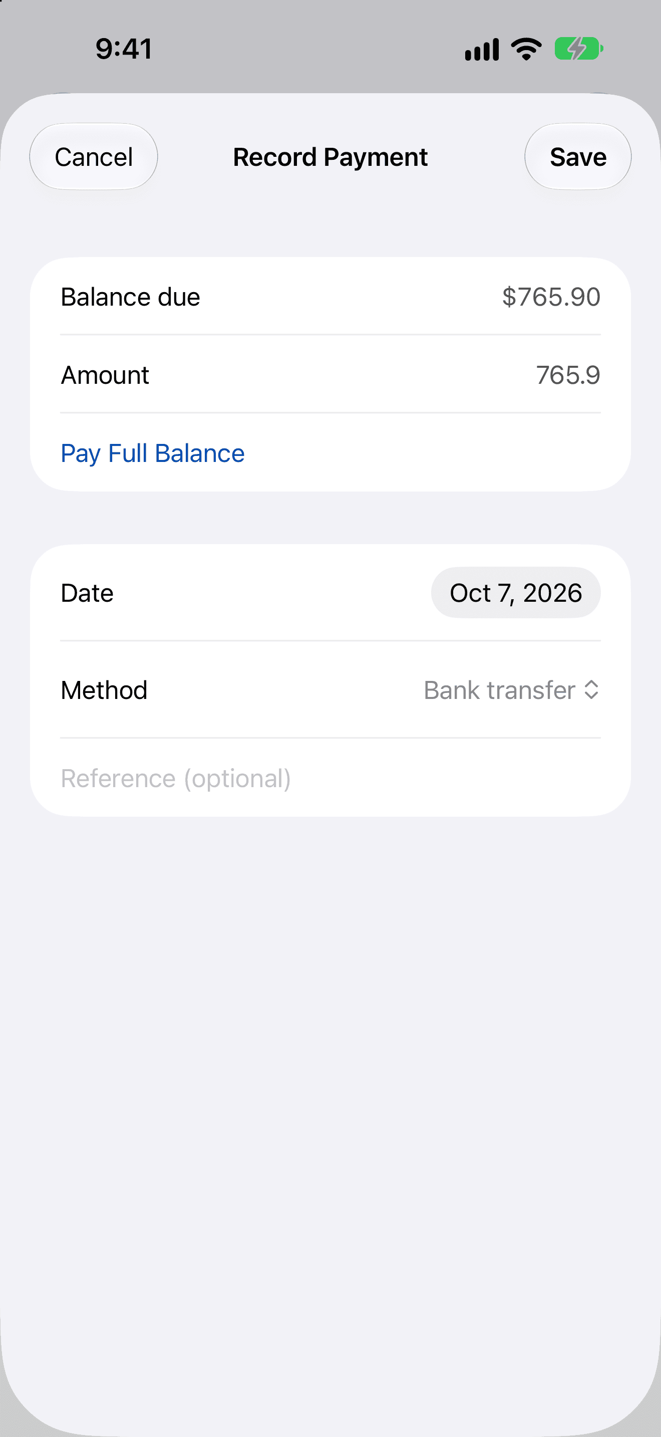 The Record Payment sheet for a $765.90 balance: amount, a Pay Full Balance button, the payment date, method Bank transfer and an optional reference.