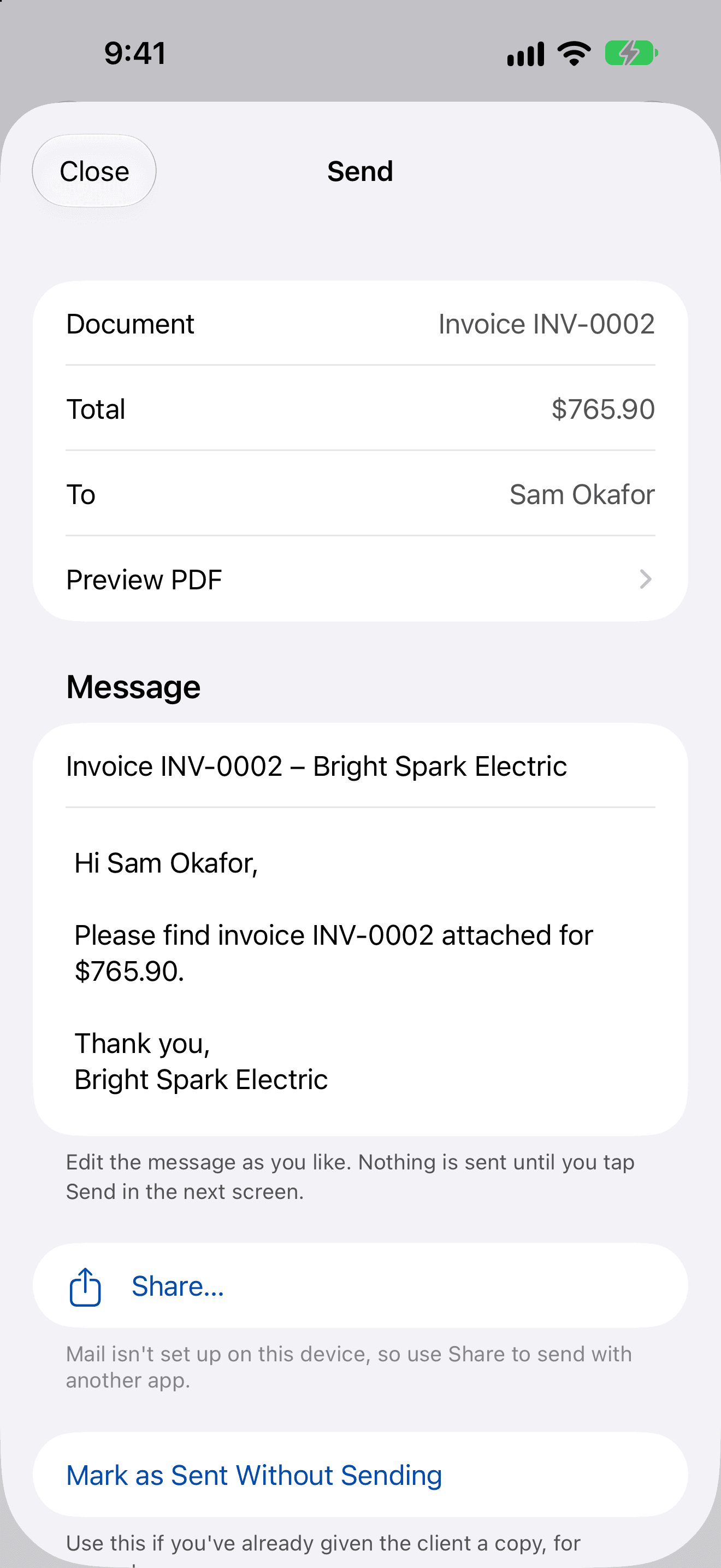 The Send sheet for invoice INV-0002: total $765.90 to Sam Okafor, Preview PDF, an editable subject and message, a Share… button and Mark as Sent Without Sending.