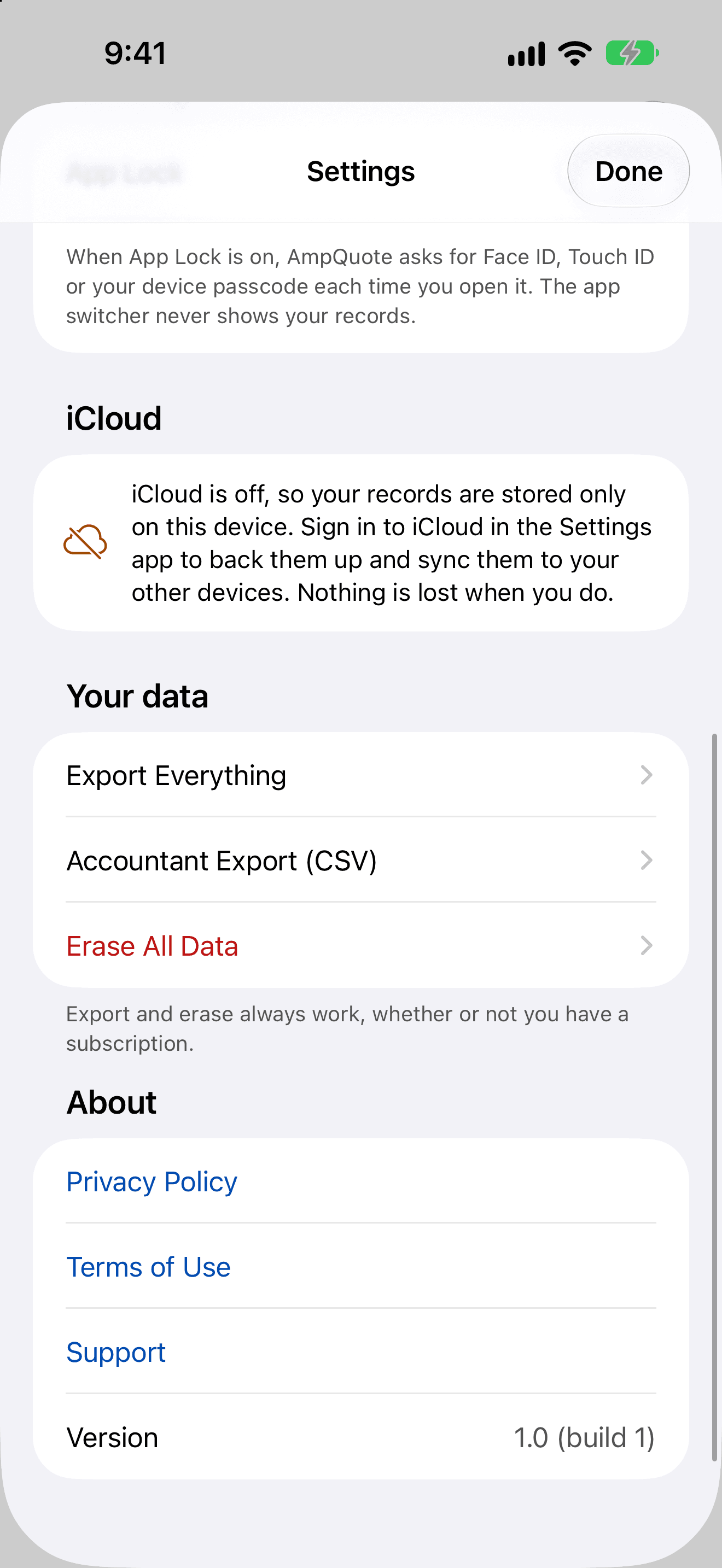 Settings scrolled down: the iCloud notice, and Your data with Export Everything, Accountant Export (CSV) and Erase All Data, then About.