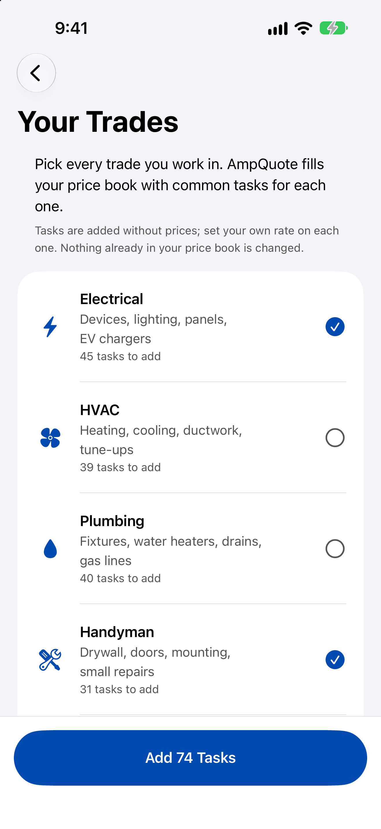 The Your Trades screen with Electrical and Handyman ticked, each trade listing its tasks to add, and an Add 74 Tasks button.